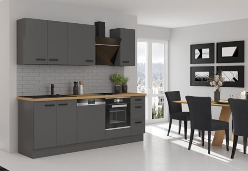 Küche NESSA Basic 240 cm Anthrazit Grau Küchenzeile Küchenblock Einbauküche