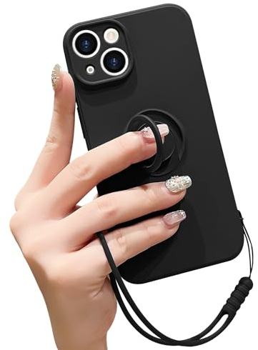Pepmune for iPhone 15 Silicone Case with Ring Holder-Black | Kickstand Magnetic Car Mount,Detachable Wrist Strap,Shockproof Soft Protective Cover