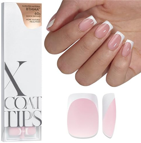 BTArtbox French Press On Nails Kurz Square Nageltips Soft Gel Nail Tips, French XCOATTIPS mit Pre-applied Tip Primer & Base Coat Cover, No Need to File Fake Nails, Rosa