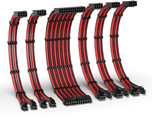 EZDIY-FAB Kit d'extension de câble PSU, câble d'extension d'alimentation 16AWG, 1x24Pin/2x4+4 EPS/3x6+2 PCI-E,Câble de Gaine PC personnalisé 300MM avec Peignes-Noir Rouge