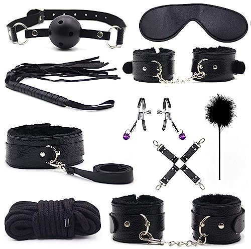 BDSM set mit 10 Stück,SM Bett Sets,Bondage-Set Federpeitsche und Augenmaske, Fesseln Handschellen Fußfesseln Gefieder Nippelklemmen Fetisch Sexspielzeug Fessel-Set zur Befestigung am Bett für Paare1
