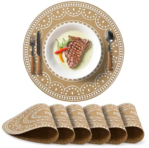 Fsvaer Tovagliette Americane Lavabili Rotonde, Set di 6 Tovagliette Colazione Dorate, Tovagliette 38cm Antimacchia e Antiscivolo - Tovagliette Natalizie per la Cucina