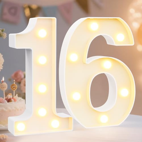 Decorative LED Light Up Numbers,16th Birthday Decoration for Teen Girls Boys, Marquee Numbers 16 Sign for Sweet 16 Party Backdrop 16th Wedding Anniversary Decor, Number 16