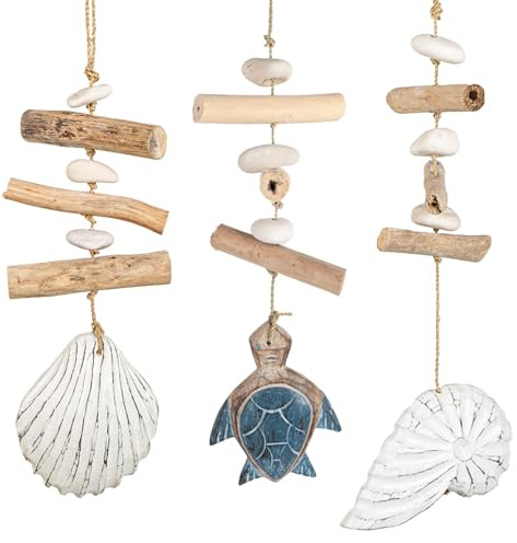 Logbuch-Verlag Fischernetz Deko Set 3 Maritime Anhänger Schildkröte Muschel und Nautilus Muschel mit Treibholz Hängedekoration Badezimmer 35-40 cm