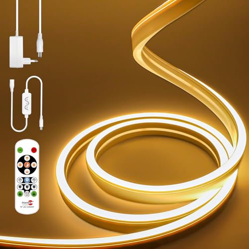 Öuesen Neon LED Strip 5M, LED Streifen warmweiss mit netzteil, IP65 Wasserdicht 3000K LED Streifen 24V mit Fernbedienung, Silikon DIY Flexibel LED band, lichtband für Innen Aussenbereich Heim Deko