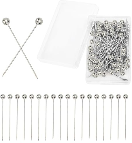 Trimming Shop 100 stycken 40 mm silverpärlhuvud synålar för klädtillverkning, quiltning, smycken och hantverk - raka tygstift för klädtillverkning, blomdekoration, gör-det-själv-projekt