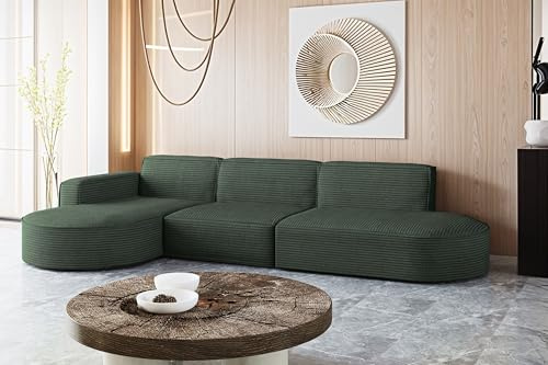 Kaiser Möbel - Ecksofa mit Wohnlandschaft, Eckcouch L Form, Sofa 3-sitzer, Polstersofa, Bigsofa, Bequemes Couch mit Ottomane für Wohnzimmer, Relaxsofa, Stilvolles Cord Sofa, Modena L, Grün, Links