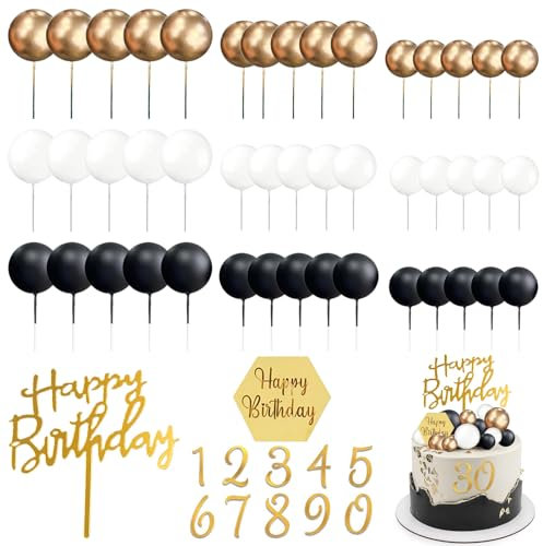 Cake Topper Geburtstag, 48 Stück Tortendeko Geburtstag, Kuchendeko Kugeln Schwarz Weiß Gold, Zahlen 0-9 Torten Topper Happy Birthday Deko Torte für Mottopartys, Hochzeiten, Jubiläen
