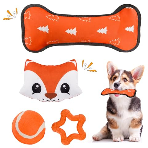 LIFLIX Hundespielzeug Kleine Hunde - 4 Stück Welpenspielzeug Kleine Welpen - Interaktives Kauspielzeug Hundeball und Quietschspielzeug- Fuchs Form