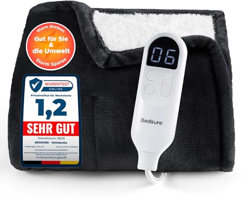 BEDSURE Heizdecke Wärmedecke Elektrische Kuscheldecke - 130x180cm, Schwarz | mit Abschaltautomatik, 6 Heizstufen & 10 Stunden Timer, bis zu 8 Stunden Überhitzungsschutz für Home & Office