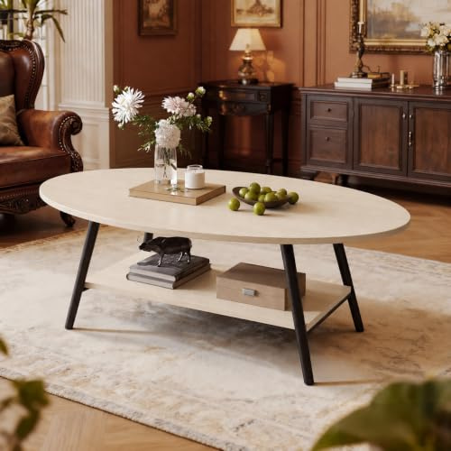 Hawthyhome 2-Tier couchtisch Oval Holz, Hellbeige | Wohnzimmertisch aus Holz mit Metallrahmen, Moderner Beistelltisch Kaffeetische für Wohnzimmer Schlafzimmer, 90 * 60 * 43cm