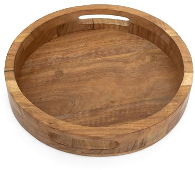 12 Inch Acacia Wood Serving Tray Round with Handles – Decorative Wooden Platter for Kitchen & Dining, Charcuterie & Cheese Board, Breakfast Lunch Dinner, Appetizers & Beverages, Ottoman, Coffee Table