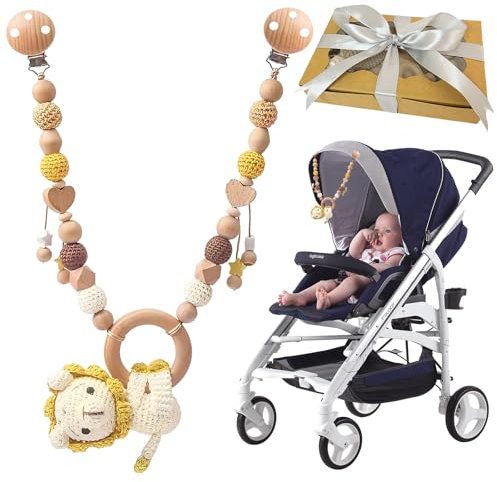 GYHWOFUL Catena per passeggino, design a forma di leone, giocattolo con campane e ciondolo a forma di stella, in legno, regalo per nascita per neonati, ragazze e ragazzi