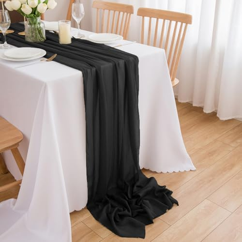 CHUQING Chiffon Tischläufer Hochzeit Tischdeko Stoff Tischdecke Schwarz | Chiffon Tischläufer 70 cm breit und 4 m lang für Hochzeit, Tischdeko und festliche Tafeln