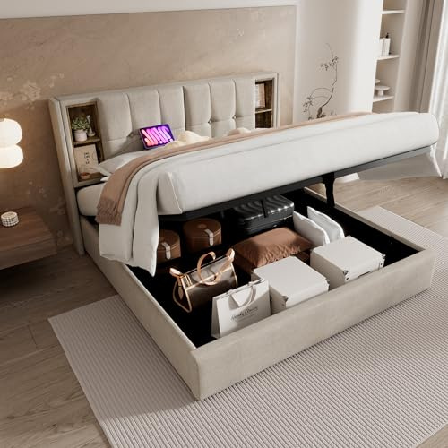 Merax Upholstered Double Bed, Ottoman Storage Bed Frame With Hydraulic Lever, Wireless Charging(USB Tyep-C), Linen Fabric, Natural/135 x 190cm(No Mattress)