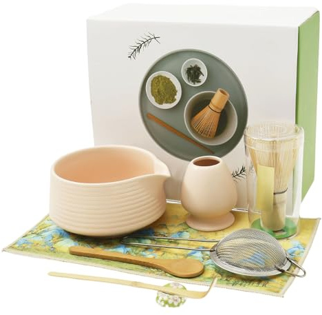 Juego de té Matcha, 8 piezas, con whisky, broom, cuenco con spout, soporte para escoba de bambú, alfombrilla de té, soporte, juego de iniciación (Matcha, rosa cerezo)