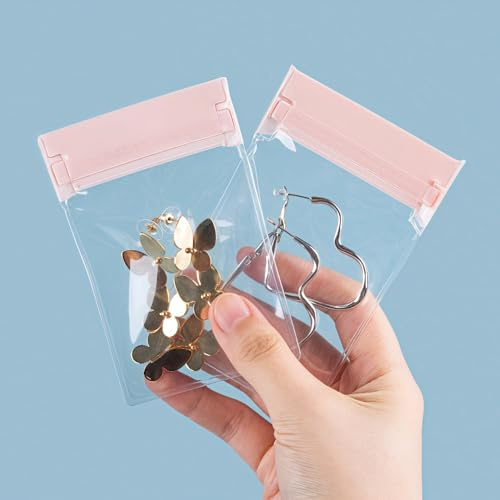 WACCOMT Pack 20pcs Small Clear EVA Jewelry Storage Bags Pink 2.8x4.3 inch | Anti Tarnish, Resealable, Plastic Thickened, Travel Portable, Jewelry Pouches, for Ring Earing Necklace Bracelet