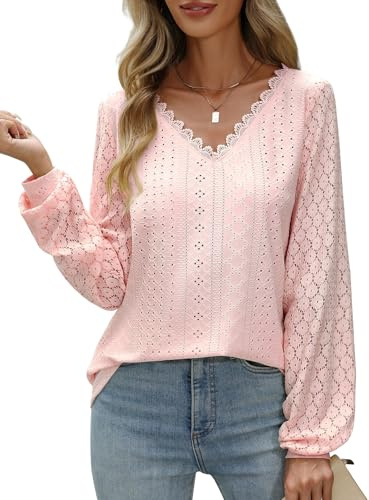 CMTOP Chemisier Femme Chemise Manche Longue en Dentelle Blouse Col en V Haut Chic et Elégant Tops Chemisiers Florale Festonnée Tunique Casual Amples