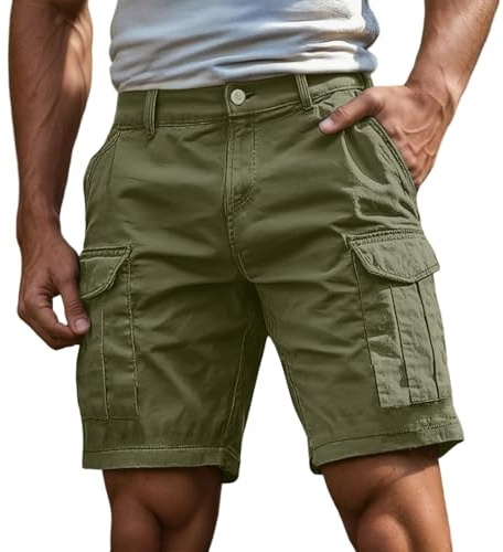 Pantalones Cortos de Trabajo Hombre Verano Casual Color Sólido Cargo Pantalon Corto Tallas Grandes Holgados Shorts con Bolsillos Transpirables Cómodos Running Pantalón Vintage Entrenar Shorts