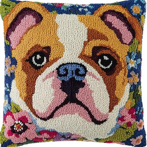 AxiangziK Tier Hund DIY Knüpfkissen Set erwachsene,Blumen-Bulldogge,knüpfkissen set,Knüpfkissen,Überwurfkissen,Matte,Stickerei-Bastelsets für Anfänger Heimdekoration,17x17in