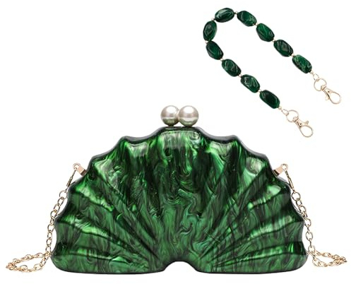 Anopo Bolso Clutch de Acrílico para Mujeres Bolso de Noche con Forma de Concha con Cadena Desmontable para Bodas Fiestas Proms Eventos Formales Concha Verde Oscuro
