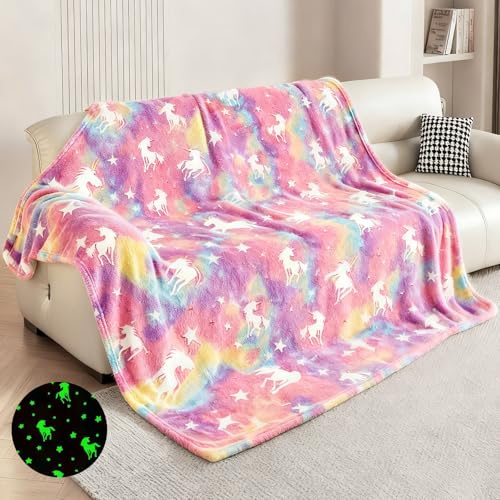 ZZXLOPEZ Couverture Douillette pour Enfant, Couverture Licorne Brille dans l'obscurité, 130x170cm Plaid Polaire Lumineuse en Molleton, Moelleuse, Douce, Cadeau pour garçons et Filles(Rose)