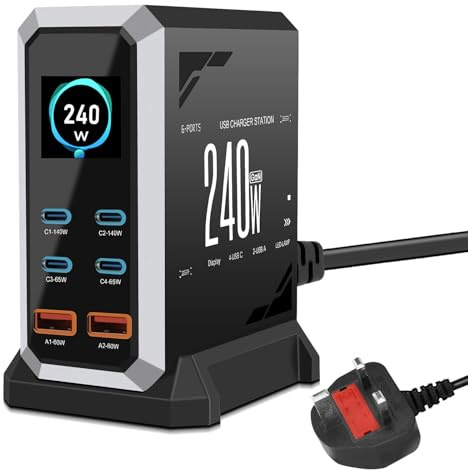 6 in 1 & 240W USB C Charging Station Hub GaN III Multi Port USB Fast Charger Block (4 USB‑C & 2 USB‑A), Black Power Dock Compatible with MacBook, iPhone, iPad, Galaxy S24/S23 etc