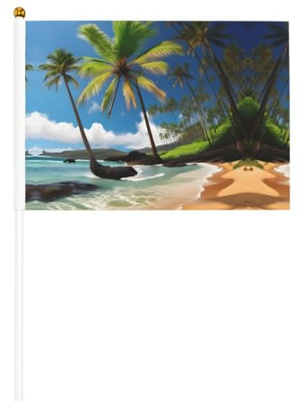 Tropische Palme, Hawaii-Strand, doppelseitige Handkurbelflagge, 14 x 20,8 cm, für Feiertagsparty-Dekoration, Wettbewerbe