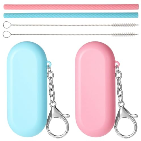 Set di 2 cannucce in silicone con custodia, cannucce portatili riutilizzabili in silicone con cannuccia fredda o calda, con custodia, cannucce pieghevoli portatili e spazzola per la pulizia profonda