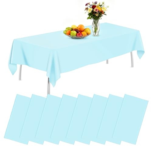 AMLUCKS Plastic Rectangle Disposable Table Cloth 8 Pack 54 x 108 inch Table Cloths Waterproof Stain-Resistant for Weddings BBQ Picnic Birthdays and Events Party (8, Light Blue, 54 * 108inch)