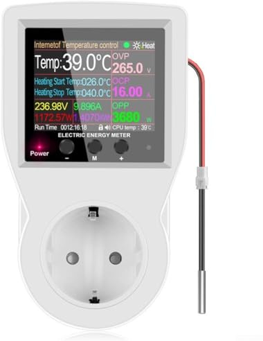 URPIZY Smart WiFi Thermostat Steckdose 16A | 2,4 Zoll Display Mit Temperatur- & Feuchtigkeitsmessung | Für Tuya App, Zeitschaltuhr, Inkl. Wasserdichtem & Metallfühler(Waterproof probe)