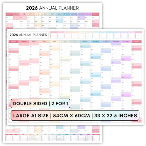 Månatlig väggplanerare för 2026, STOR A1 84 cm x 59 cm | Dubbelsidig, regnbågsväggkalender 2026, årsplanerare, helår att visa | Arrangör för kontor, universitet, skola | färgglad (horisontell - vikd)