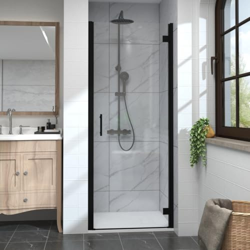 Aquariss 700mm Hinged Shower Door Screen Black | Aluminum Frame, 6mm Tempered Safety Glass, Easy to Clean Glass, Wall Adjustable, Reversible, Brass Hinge, Bottom Seal Strips