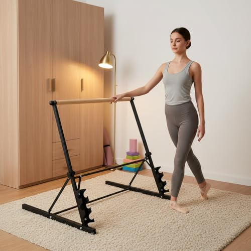 FEBORY Professional Portable Ballet Barre, Black Steel Frame with Solid Wood Bar, Adjustable Height 31.5-39.5 Inches, Foldable Dance Practice Bar for Home Studio Training