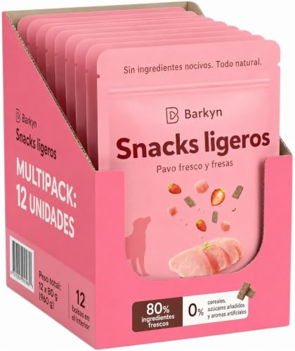 Barkyn Chuches para Perros, Solo 7 Kcal/Galleta, Pavo con Fresa 12x60g | Premio Entrenamiento, Sin Cereales, Fácil Digestión