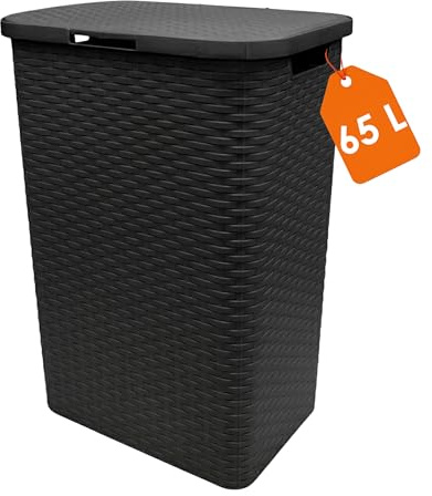 Kunststoff Wäschekorb anthrazit mit Deckel in Rattan Optik - 65 Liter | Wäschesammler in Flechtoptik, Seitliche Griffe, Platzsparend, Feuchtraumbeständig