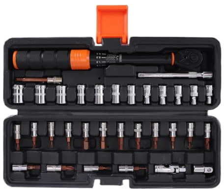 Thryvix 33 Clés Dynamométriques Vélo 1/4, 2-24Nm,Jeu de 29 embouts à douille, Clé Dynamométrique à Cliquet avec Douilles Allen, Barre D'Extension Adaptateur pour Réparation Vélo