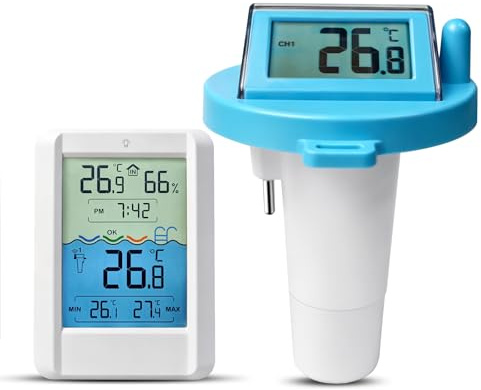 Solar Poolthermometer Funk Digital Schwimmend IP68 Wassertemperaturmesser mit Innen/Außenfühler für Schwimmbad, Whirlpool, Teich & Aquarium, Teich Spa (Batterien nicht enthalten)