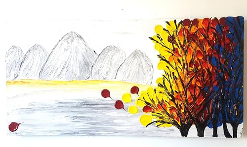 DORON ARTE QUADRO MODERNO ASTRATTO DIPINTO A MANO TELAIO GALLERY BORDI DIPINTI - PAESAGGIO ALBERI MONTAGNE - 40x80x4 cm -RIF03