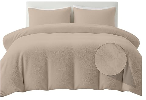 Rohi Beige Luxury Teddy Fleece Duvet Cover Set Double – Soft Cosy & Fluffy Teddy Bear Bedding, Thermal Warm Winter Fleece Quilt Cover with Matching Pillowcases – Anti Allergy Bedding, Double