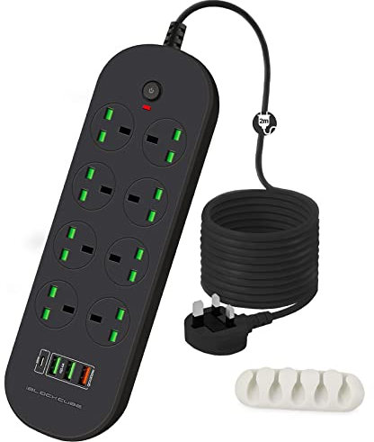 iBlockCube 8 Way Extension Lead with 4 USB Slots | 2 USB-A, 1 QC 3.0 (Quick-Charge) 1 PD Ultrafast 3.0, 13A UK Wall-Surge Protected Power Strip Charging Station with 2M/6 FT Cable Cord Fuse Protector