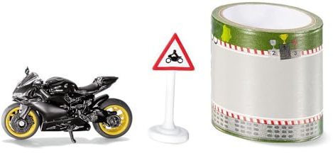 siku 1601, Ducati Panigale 1299-motorcykel med tejpband och trafikskylt, svart, metall,plast, gummidäck