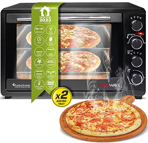 TurboTronic Minibackofen mit Umluft 45L schwarz 2000W, Drehspieß, Timer, Mini Backofen, Pizzaofen, 2 Backbleche, Grill