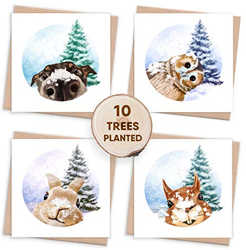 1 Tree Cards Funny Christmas Cards 2025 Pack - Recycled Box Xmas Greetings with Tree & Plantable Seed Gifts - Eco Luxury Christmas Cards Multipack of Cute Animals with Dog, Cat, Squirrel & Rabbit