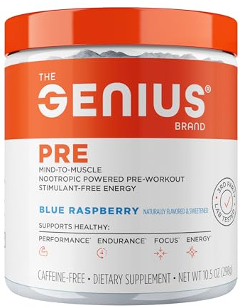 The Genius Brand Genius Pre - Clean Pre-Workout Powder for Energy, Focus & Fitness Support - No Artificial Flavors, Preservatives, or Proprietary Blends - Non-GMO - 20 Servings - Blue Raspberry