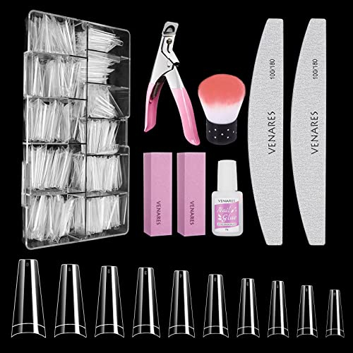 Nageltips für Gelnägel, Venares 500 Stück Halbe Abdeckung Tips für Gelnägel 10 Größen mit Nagel Tips Set mit Kleber Feilen Nagelpuffer Block Nagelbürste Nagelknipser, Acryl Künstliche Nägel Tips Set