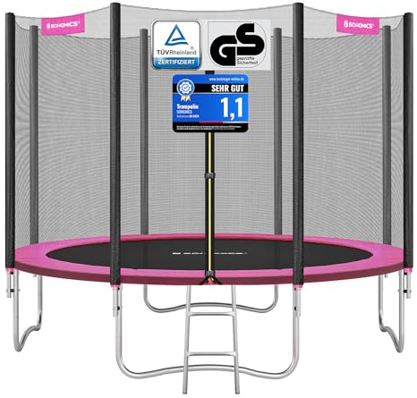 SONGMICS Trampolin Ø 366 cm, Gartentrampolin für Kinder mit Sicherheitsnetz, Randabdeckung, Leiter, 180 cm hohe gerade Stangen, Stahlrahmen, pink STR121P01