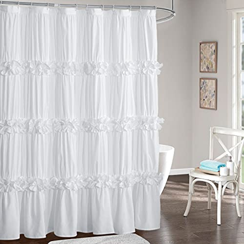 Homechoice Decor Victorian Ruffle Shower Curtain, Ruched Microfiber Vintage Handcrafted Bow Tie Bath Curtain for Master Bathroom, with 12 Buttonholes, 72 W x 72 H, White (LQ-10)