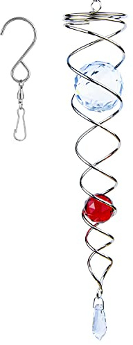 Prefdo 12 inch Gazing Ball Spiral Tail, Stainless Steel Wind Spinner Stabilizer with 2 Glass Balls Prism and Hanging Swivel Hook for Outdoor Yard Garden Decoration(Red)