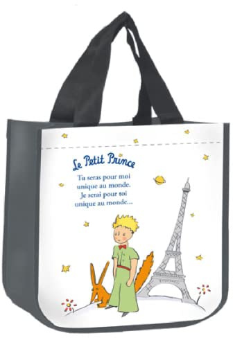 KIUB Einkaufstasche aus recyceltem Material, Motiv: Der kleine Prinz mit Fuchs und Eiffelturm, 31 x 26 cm mit einer Dicke von 18 cm